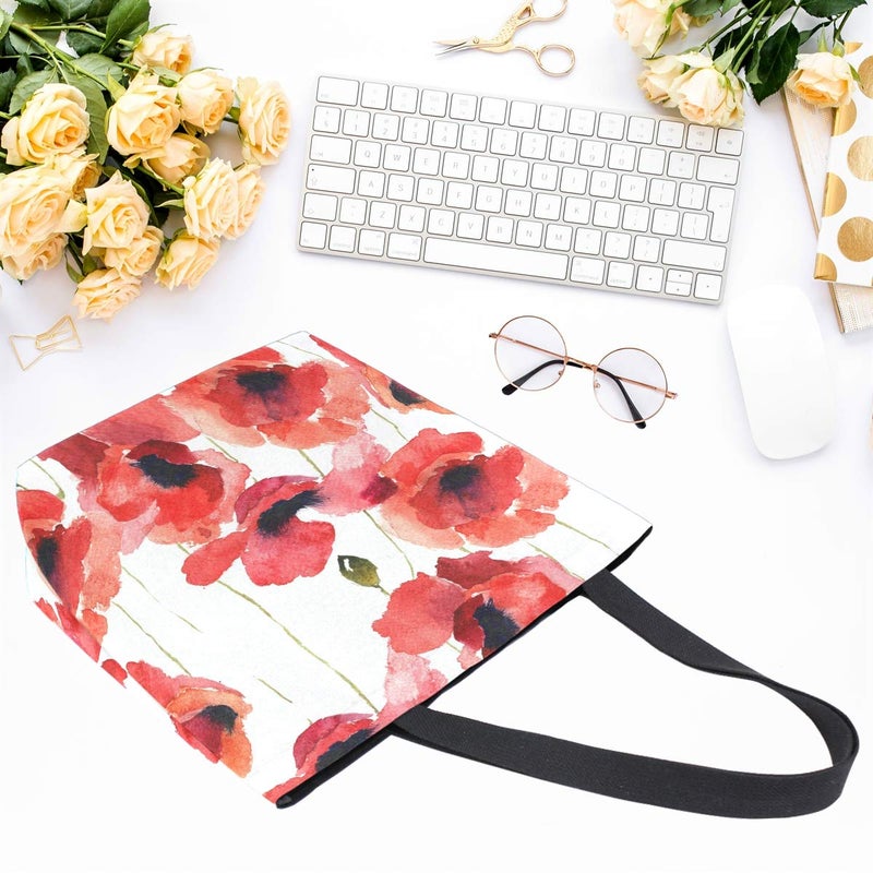 Naanle Poppy Flowers Canvas Tote Bag - Large Women's Casual Shoulder Handbag, Watercolor Poppy Reusable Multipurpose Heavy Duty Shopping Grocery Cotton Bag for Outdoors - Image 4